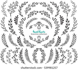 Big set of hand drawn vector flowers and branches with leaves, flowers, berries. Floral sketch collection. Decorative elements for design. Ink, vintage, rustic. 