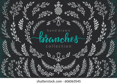 Big set of hand drawn vector flowers and branches with leaves, flowers, berries. Floral sketch collection. Decorative elements for design. Ink, vintage, rustic.