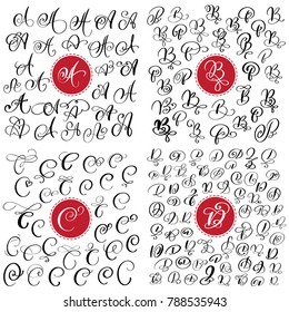 big Set of Hand drawn vector calligraphy letter A, B, C, D. Script font. Isolated letters written with ink. Handwritten brush style. Hand lettering for logos packaging design poster