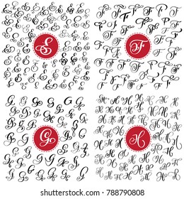 big Set of Hand drawn vector calligraphy letter E, F, G, H. Script font. Isolated letters written with ink. Handwritten brush style. Hand lettering for logos packaging design poster.