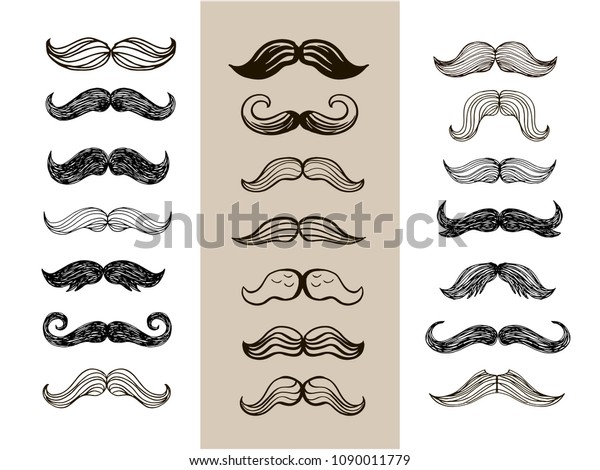 Big set of hand drawn vector  mustache.\
Collection of cartoon barber silhouette hairstyle . Various types\
of whiskers.Isolated. Vector\
illustration.