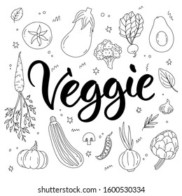 Big set of hand drawn vegetables with elegant Veggie hand lettering. Cute veggie doodles in vector on white background. 