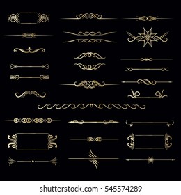 Big set of hand drawn vintage frame for text decoration in vector in gold. Luxury frame