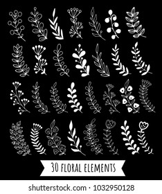 Big set of hand drawn white on black branches with flowers and berries