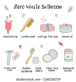 Big set of hand drawn zero waste icons for bathroom.