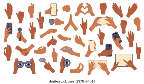Big set hand gestures. Hands holding stuff. Signs, expressions with pointing fingers, clenched fists, open and greeting palms, showing peace sign, heart. Vector illustration in doodle style