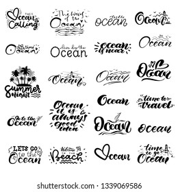 Big set of hand lettering about Ocean with doodle elements. Best lettering design with a lighthouse and seagulls. Use for poster, vacation, holiday advertising, banners, advertising on the site