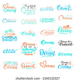 Big set of hand lettering about Ocean with doodle elements. Best lettering design with a lighthouse and seagulls. Use for poster, vacation, holiday advertising, banners, advertising on the site