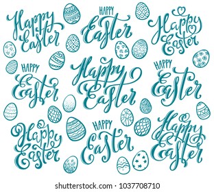 Big set of hand written Happy Easter phrases. Greeting card text templates with easter eggs. Posters with handdrawn lettering. Vector illustration.