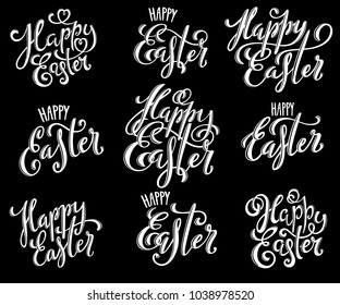 Big set of hand written Happy Easter phrases. Greeting card text templates with easter eggs. Posters with handdrawn lettering. Vector illustration.