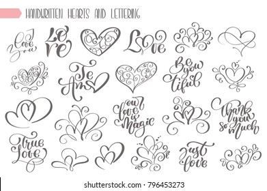 Big Set Hand Written Lettering About Love To Valentines Day And Heart Design Poster, Greeting Card, Photo Album, Banner, Flourish Calligraphy Vector Illustration Collection