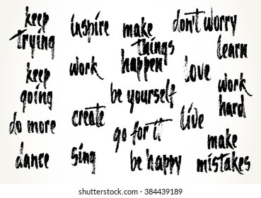 Big set of hand written motivational sayings. Modern brush pen lettering. Hand typography in black isolated over white.
