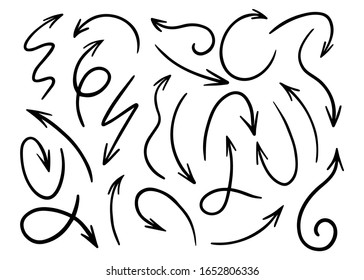 Big set of hand-drawn arrows on a white background. Illustration of doodle sketch arrows.