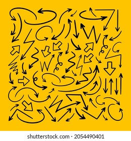 Big set of hand-drawn arrows. Vector illustration isolated on yellow background.