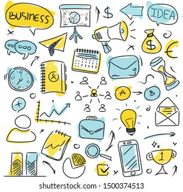 Big set of hand-drawn business icons on a white background. Doodle style vector illustration. Yellow and blue color