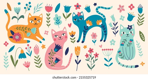 Un gran conjunto de gatos dibujados a mano y flores. Cute Flower Cats al estilo de las caricaturas. Ilustración vectorial aislada en el fondo beige.