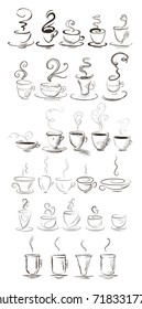A big set of hand-drawn coffee cups on a white background. Stylized beverages in a sketch style. Isolated.