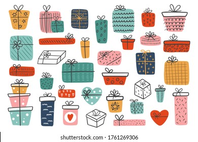 Big set of hand-drawn different gift boxes isolated on a white background. Colorful gifts for Valentine's Day, Christmas Day, New Year, Birthday.