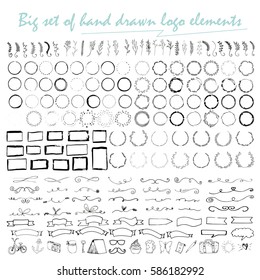 Big set of handdrawn elements with arrows, ribbons, laurels, badges, squares, circles.  Logotype templates isolated on white background and easy to use. Vector illustration