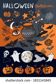 Big set of hand-drawn elements for Halloween. Scary autumn holiday symbols pumpkin, beetles, skulls, hat, bats, stars, broom, cauldron for invitations, posters, flyer. Cartoon vector illustration.