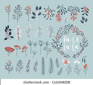 Big set of hand-drawn flowers, herbs, branches and betties in vector. Wreath, garland of flowers.