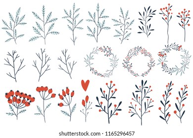 Big set of hand-drawn flowers, herbs, branches and betties in vector. Wreath, garland of flowers