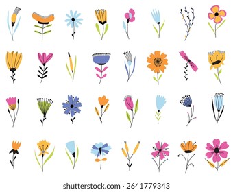 Big set of hand-drawn flowers. flowers painted in natural color doodle. A template for icons, transferable tattoos, logos, postcards. colourful flowers of unusual shape. Simple doodle flowers. 