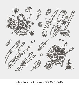 Big set of hand-drawn garden elements; gardening tools	