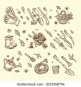 Big set of hand-drawn garden elements gardening tools