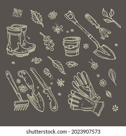 Big set of hand-drawn garden elements gardening tools.
