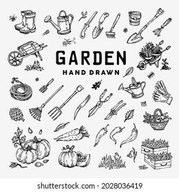 Big set of hand-drawn garden elements gardening tools