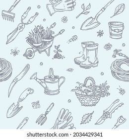 Big set of hand-drawn garden elements gardening tools.