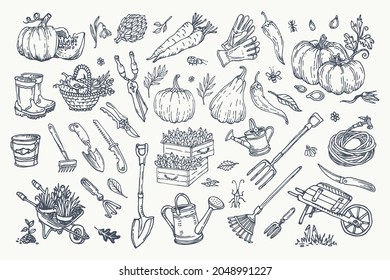 Big set of hand-drawn garden elements gardening tools