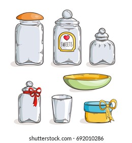 Big set of handdrawn glass jars. Vector collection