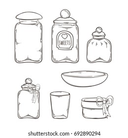 Big set of handdrawn glass jars. Vector collection