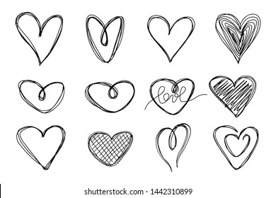 Big set of hand-drawn hearts on a white background. Doodle style. Vector illustration. 