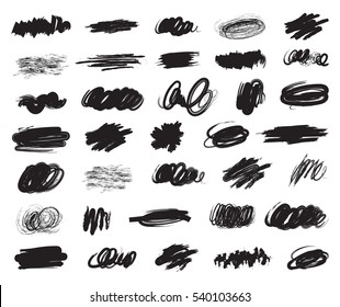 Big set of hand-drawn ink brush strokes. Scribble stains for your design. Charcoal chalk texture. Abstract vector illustration. Isolated on white background