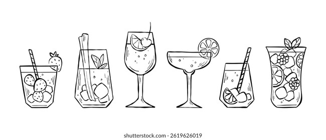 Big set of hand-drawn line sketches with different types of mocktails isolated on white background. Illustration collection of party drinks with fruits, straw and ice for logo, menu, or web banner.