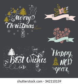 Big set of handdrawn new year and merry christmas lettering. Vector xmas collection. Decoration element, snowman, bird, tree, snowflakes for cards and invitations.