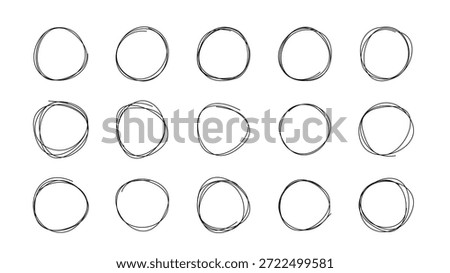 Big set of hand-drawn scribble circles in an abstract, minimalist style. Messy round line shapes are perfect for modern graphic design, branding, presentations, social media posts, and creative illustrations. Vector illustration