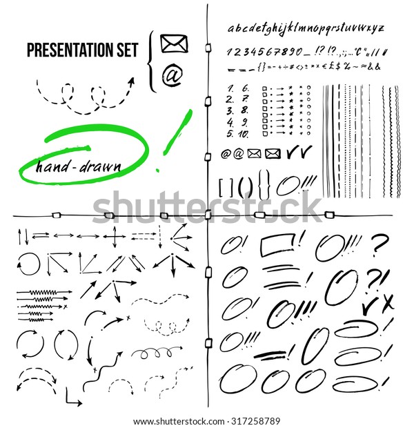 Big\
set of hand-drawn selection elements,  letters, dividers, arrows\
and icons. Sketched set for presentation. Highlighting  icons for\
selection of the important text / Vector\
illustration