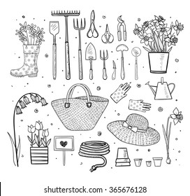 Big set of hand-drawn sketch garden elements; gardening tools. straw hat, flowers in pots etc