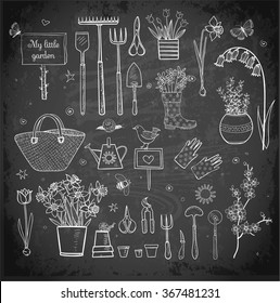 Big set of hand-drawn sketch garden elements; gardening tools. straw hat, flowers in pots on blackboard background.