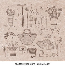 Big set of hand-drawn sketch garden elements; gardening tools. straw hat, flowers in pots etc