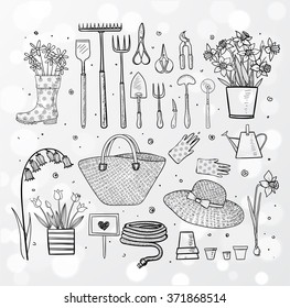 Big set of hand-drawn sketch garden elements; gardening tools. straw hat, flowers in pots on white glowing background