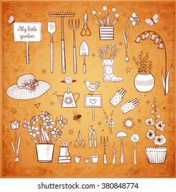 Big set of hand-drawn sketch garden elements; gardening tools. straw hat, flowers in pots etc