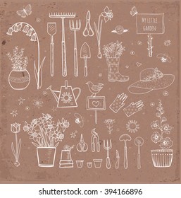 Big set of hand-drawn sketch garden elements; gardening tools. straw hat, flowers in pots on brown parcel paper