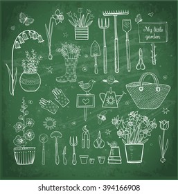 Big set of hand-drawn sketch garden elements on blackboard background; gardening tools. straw hat, flowers in pots etc