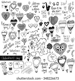 A big set of handdrawn style design elements for Valentine's Day, wedding and love party.