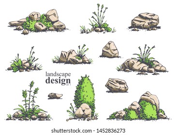 Big set of hand-drawn stylish illustrations of trees, bushes, cameos, grass for landscape design. Isolated on white background. Vector.
